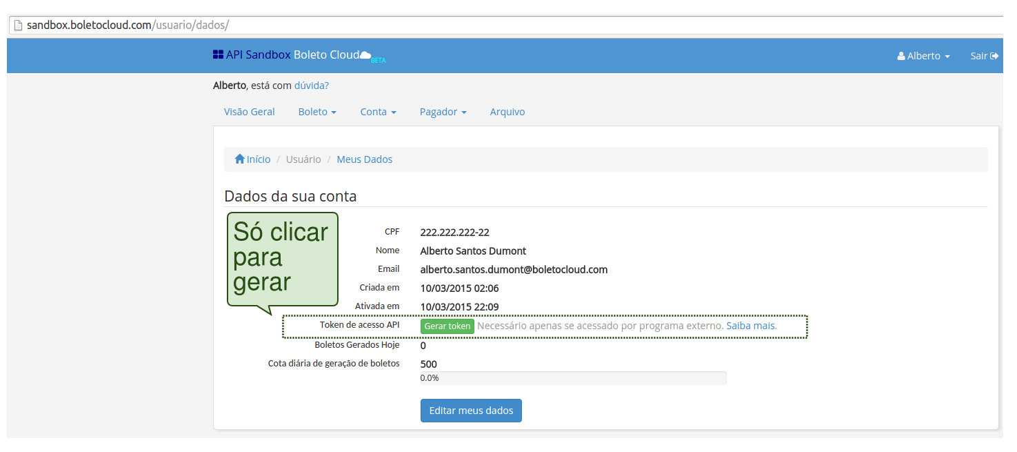 Área do usuário no ambiente sandbox